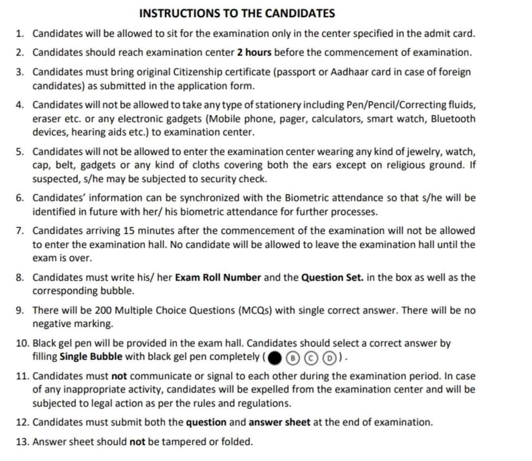 Instructions to the candidate for CEE MD/MS Entrance as available in Admit Card